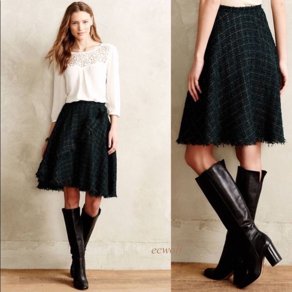 Womens Dark Green Tweed A-Line Skirt